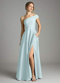 Azazie Melanie 신부 들러리 드레스 A라인 오프 더 숄더 스트레치 새틴 바닥 길이 드레스 image1