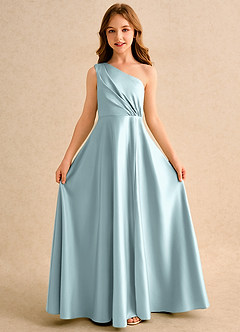 Azazie Puddles Girls Formal vestidos de niña de las flores Vestido de Neblina de Satin Mate de Corte en A con Hombro unilateral image5