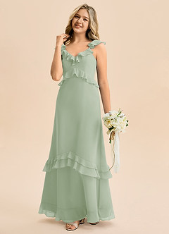 Azazie Tavie Junior Vestido de Salvia Polvorienta de Gasa de Corte en A con Volante image1