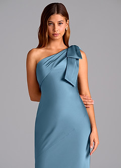 Azazie Yuanna Vestidos de damas de honor Vestido de Azul Acero de Satén Elástico de Corte Sirena con Hombro unilateral image7