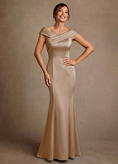 Azazie Aberdeen Mother of the Bride Dresses Taupe Sheath Pleated Stretch Satin Dress image1