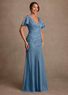 Azazie Jolene Mother of the Bride Dresses Steel Blue Mermaid Pleated Floral Burnout Dress image3
