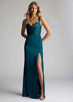 Azazie Elida Bridesmaid Dresses Ink Blue Sheath Pleated Stretch Satin Dress image1