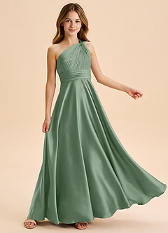 Azazie Charlize Junior Abito A-Line in Raso Elasticizzato Plissettato Matcha image5