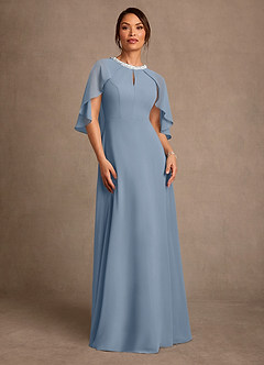 Azazie Winnifred Vestidos para mãe da noiva Vestido Azul Empoeirado de Chiffon de Linha A com Frisado image1