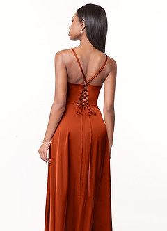 Azazie Maksim Bridesmaid Dresses Paprika A-Line V-Neck Stretch Satin Dress image3