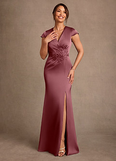 Azazie Rilda 신부의 어머니 드레스 쉬스 레이스 스트레치 새틴 플로어 길이 드레스 image4