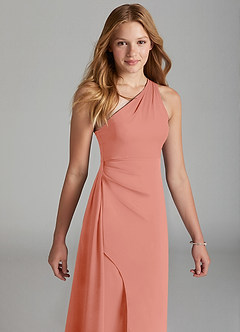 Azazie Maron Junior Coral A-Line Pleated Stretch Satin Dress image3