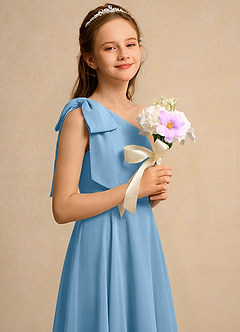 Azazie Guppy Junior Formal Abiti da Ragazza di Fiori Abito A-Line in Chiffon Monospalla Blu Acciaio image4