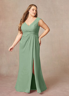 Azazie Sally Kleider für die Brautmutter A-Linie V-Hals Gefaltet Chiffon Kleid Matcha image9