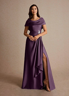 Azazie Branford Mother of the Bride Dresses Plum A-Line Pleated Stretch Satin Dress image7