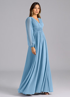 Azazie Palerma Bridesmaid Dresses Steel Blue A-Line Long Sleeve Chiffon Dress image5