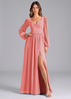 Azazie Zeya Bridesmaid Dresses Coral A-Line Long Sleeve Chiffon Dress image1