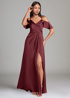 Azazie Dakota Jurken voor bruidsmeisjes Jurk van Stretch Satijn met A-Lijn Off the Shoulder Merlot image4