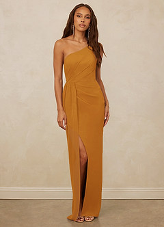 Christian Siriano Bridal for Azazie 1003 Robes de demoiselle d'honneur Robe Fourreau en Mousseline de soie Ue épaule Caramel écossais image1