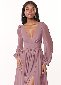 Azazie Norah Bridesmaid Dresses Dusty Rose A-Line V-Neck Long Sleeve Chiffon Dress image5