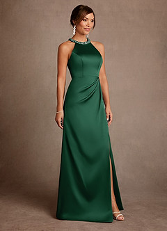 Azazie Lawrence Mother of the Bride Dresses Dark Green A-Line Pleated Stretch Satin Dress image4