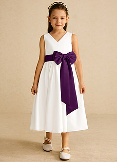 Azazie Darling Flower Girl Dresses Ivory Grape A-Line Bow Cotton Dress image4