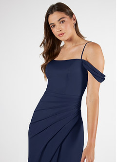 Azazie Kit Bridesmaid Dresses Dark Navy Mermaid Off the Shoulder Mesh Dress image6