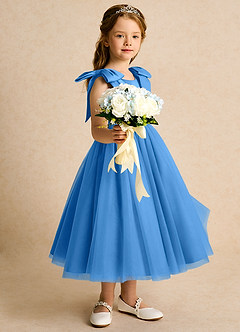 Azazie Serene Abiti da Ragazza di Fiori Abito Principessa in Raso Opaco Fiocco Blue Jay image5