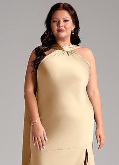 Azazie Kinsley Bridesmaid Dresses Champagne Mermaid Side Slit Stretch Satin Dress image13