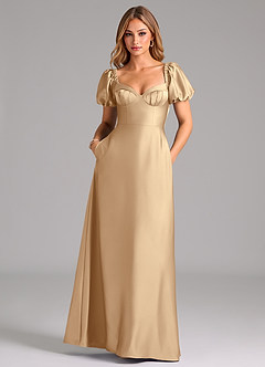 Azazie Fatima Bridesmaid Dresses Champagne A-Line Pleated Stretch Satin Dress image3
