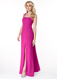 Azazie Jay Bridesmaid Dresses Fuchsia A-Line Square Neckline Side Slit Chiffon Dress image4