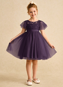 Azazie Queenie Robe Demoiselle D'honneur Fillette Robe Trapèze en Dentelle Prune image1