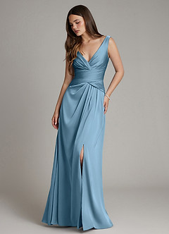 Azazie Pauline Vente finale Robe Trapèze en Satin extensible Plissé Acier Bleuté image1