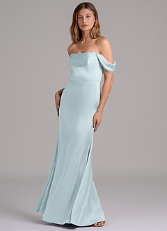 Azazie Miley 신부 들러리 드레스 인어 오프 더 숄더 스트레치 새틴 바닥 길이 드레스 image5