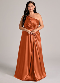 Azazie Brooke Bridesmaid Dresses Burnt Orange A-Line One Shoulder Metallic Satin Dress image11