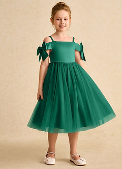 Azazie Amie Flower Girl Dresses Emerald A-Line Off the Shoulder Matte Satin Dress image5