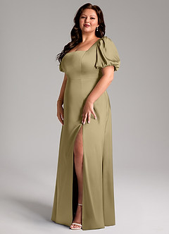 Azazie Fyona Vestidos de damas de honor Vestido de Musgo Verde de Satén Elástico de Corte en A con Plisado image10