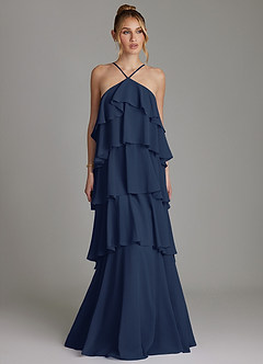 Azazie Deena Brudtärnklänningar Klä av A-Linje i Chiffong Rynkad Mörk Marinblå image1