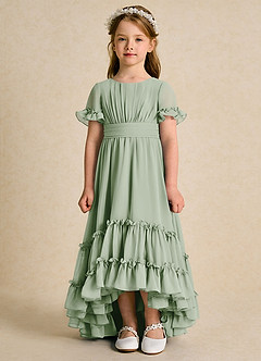 Azazie Kass Flower Girl Dresses Dusty Sage A-Line Pleated Chiffon Dress image4