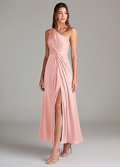 Azazie Brooke Robes de demoiselle d'honneur Robe Trapèze en Satin extensible Une épaule Rose Poudré image3