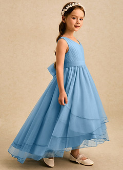 Azazie Seraphina vestidos de niña de las flores Vestido Azul Acero de Tul de Corte en A con Plisado image5