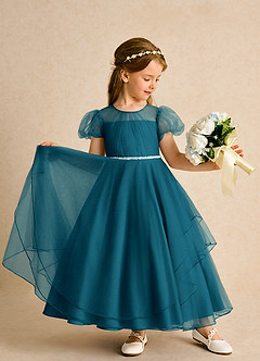 Azazie Duckie Flower Girl Dresses Ink Blue Ball-Gown Pleated Tulle Dress image3