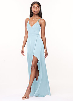 Azazie Maksim Bridesmaid Dresses Sky Blue A-Line V-Neck Stretch Satin Dress image4