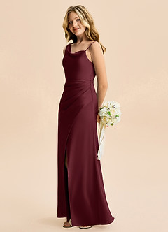 Azazie Abby Junior Cabernet Sheath Pleated Stretch Satin Dress image3
