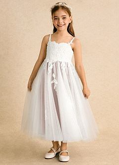 Azazie Coraline Flower Girl Dresses Ivory Rose Petal A-Line Lace Dress image1