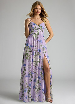 Azazie Alia Robes de demoiselle d'honneur Robe Trapèze en Mousseline de soie Plissée Lilas Floral image4