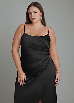 Azazie Calandra Bridesmaid Dresses Black Sheath Pleated Stretch Satin Dress image13