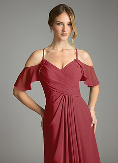 Azazie Dakota Bridesmaid Dresses Pomegranate A-Line V-Neck Pleated Chiffon Dress image7