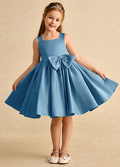Azazie Jessie vestidos de niña de las flores Vestido de Azul Acero de Satin Mate de Corte En A con Lazo image2