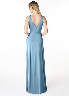 Azazie Nelly Bridesmaid Dresses Steel Blue A-Line V-Neck Pleated Stretch Satin Dress image2