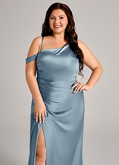 Azazie Madelyn Bridesmaid Dresses Dusty Blue Mermaid One Shoulder Stretch Satin Convertible Dress image11