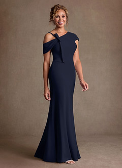 Azazie Rachael Final Sale Dark Navy Sheath Off the Shoulder Stretch Crepe Dress image2