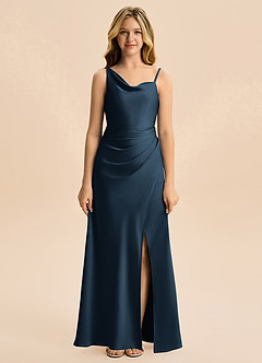 Azazie Abby Junior Dark Navy Sheath Pleated Stretch Satin Dress image5