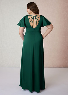 Azazie Lani Robes de demoiselle d'honneur Robe Trapèze en Satin extensible Manche à volants émeraude image8